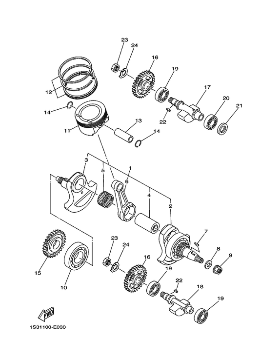 Yamaha 1S3-11536-00 Gear, Drive — shown on the Crankshaft & Piston parts diagram