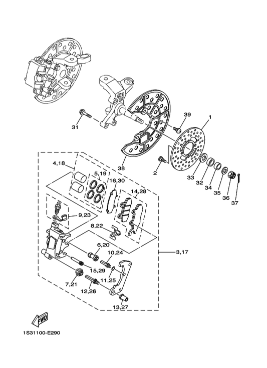 Yamaha 90105-08520 Bolt, Flange — shown on the Front Brake Caliper parts diagram