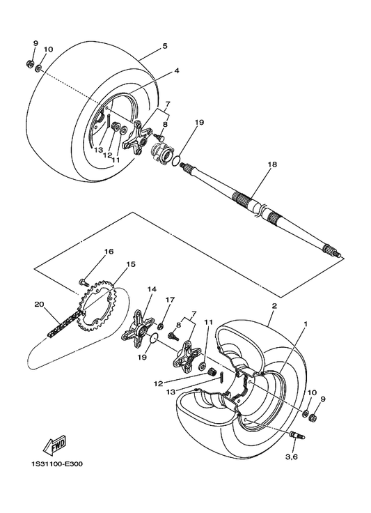 Yamaha 1S3-25386-00 Collar, Sprocket Axle — shown on the Rear Wheel parts diagram