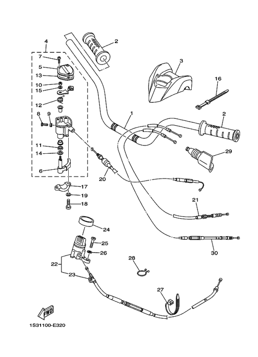 Yamaha 1S3-2637E-00 . Cable, Control 1 — shown on the Steering Handle & Cable parts diagram