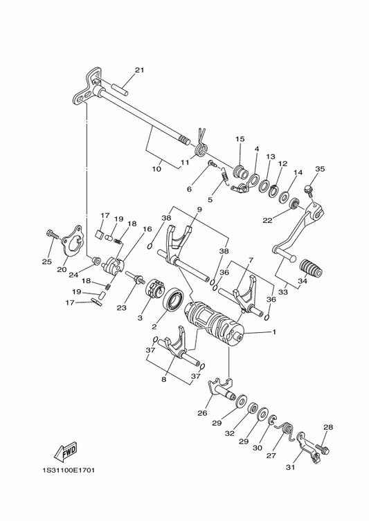 Yamaha 90201-120K4 Washer, Plate — shown on the Shift Cam & Fork parts diagram