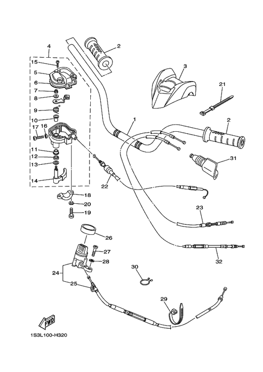 Yamaha 1S3-26124-00 Protector, Handlebar — shown on the Steering Handle & Cable parts diagram