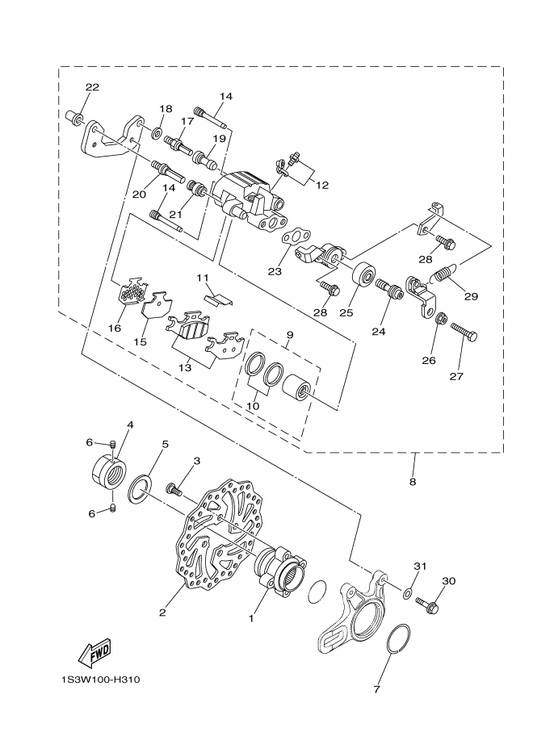 Yamaha 5GH-25828-00 . Shim, Caliper — shown on the Rear Brake Caliper parts diagram