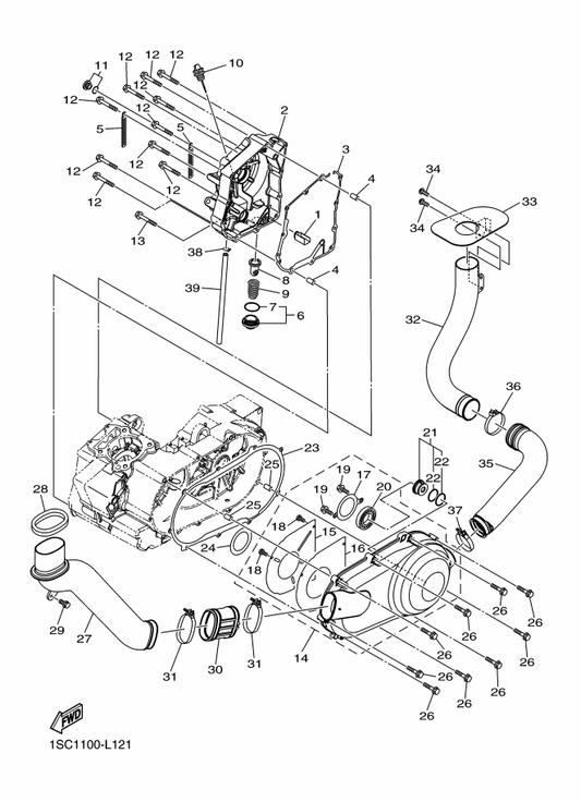 Yamaha 1SC-E1388-00 Clamp, Hose 2 — shown on the Crankcase Cover 1 parts diagram