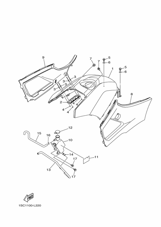 Yamaha 1SC-F1665-00 Guide, Mud Guard — shown on the Side Cover parts diagram