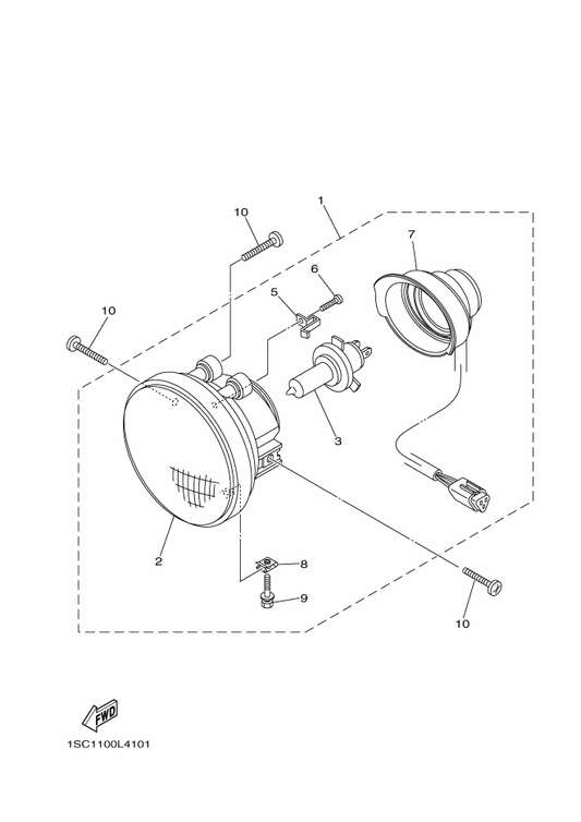 Yamaha 1SC-H4340-00 . Socket Cord Assy 1 — shown on the Headlight parts diagram