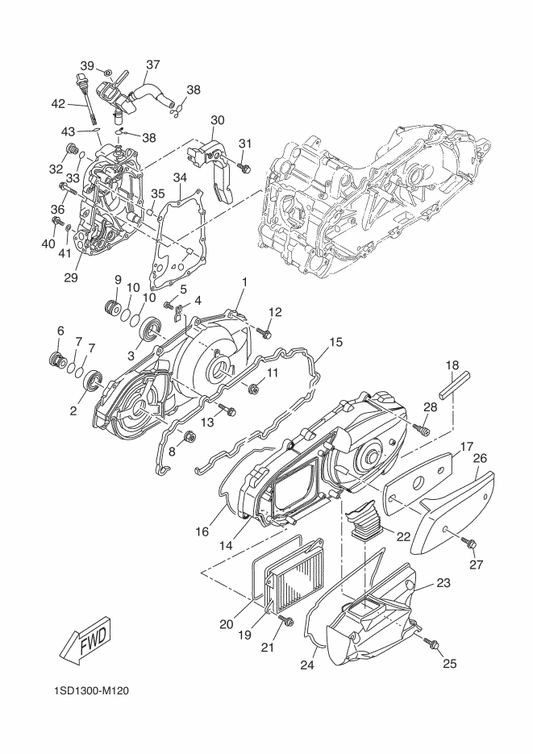 Yamaha 1SD-E5471-00 Duct, Air — shown on the Crankcase Cover 1 parts diagram