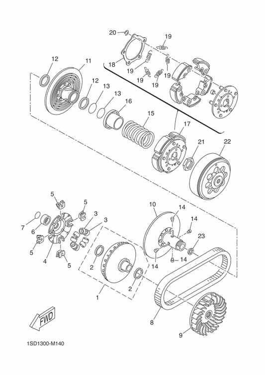 Yamaha 1SD-E7660-20 Secondary Fixed Sheave Comp. — shown on the Clutch parts diagram