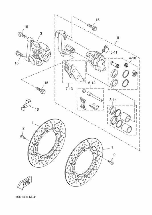 Yamaha 90105-10X07 Bolt, Flange — shown on the Front Brake Caliper parts diagram