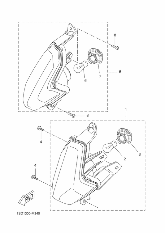 Yamaha 1SD-H3320-00 Front Flasher Light Assy 2 — shown on the Flasher Light parts diagram