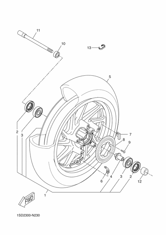 Yamaha 1SD-F5186-00 Collar, Wheel — shown on the Front Wheel parts diagram