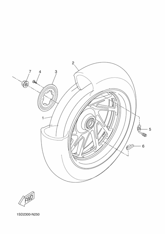 Yamaha 1SD-F5338-10 Cast Wheel, Rear — shown on the Rear Wheel parts diagram