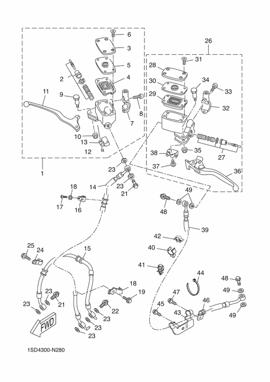 Yamaha 1SD-F5872-01 Hose, Brake 1 — shown on the Front Master Cylinder parts diagram