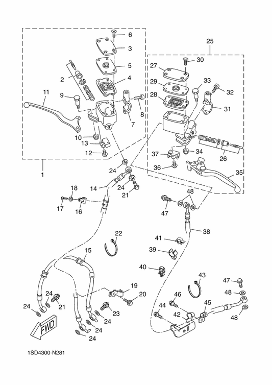 Yamaha 1SD-F5874-20 Hose, Brake — shown on the Front Master Cylinder parts diagram
