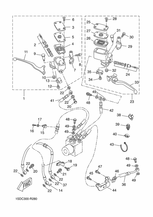 Yamaha 1SD-F588F-11 Holder, Brake Hose 5 — shown on the Front Master Cylinder parts diagram