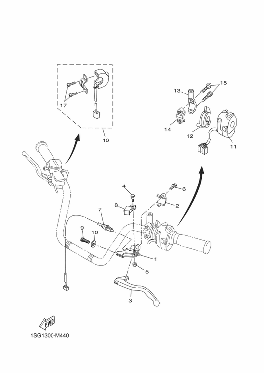 Yamaha 12S-H3969-01 Switch, Handle 5 — shown on the Handle Switch & Lever parts diagram