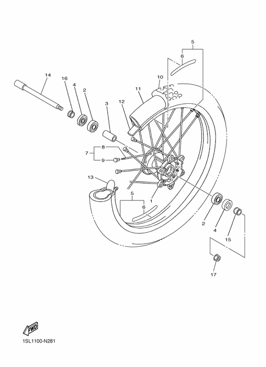 Yamaha 94109-21019 Tire (90/90-21 64M At81F) — shown on the Front Wheel parts diagram