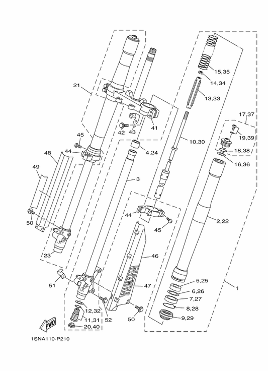Yamaha 1SN-23340-00 Under Bracket Comp. — shown on the Front Fork parts diagram