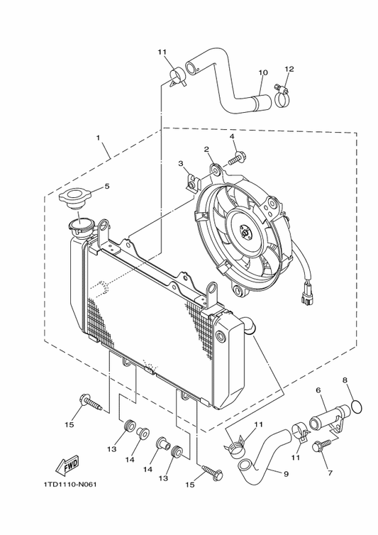 Yamaha 1TD-E2576-00 Hose 1 — shown on the Radiator & Hose parts diagram