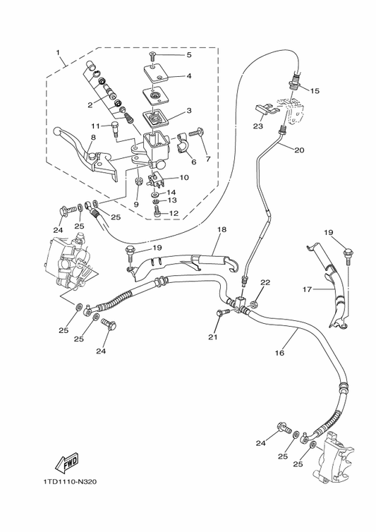 Yamaha 1TD-F5873-01 Hose, Brake 2 — shown on the Front Master Cylinder parts diagram