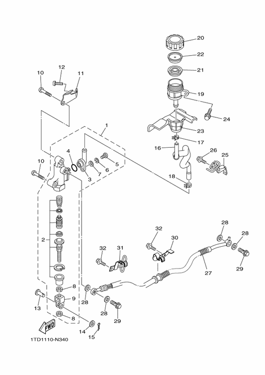 Yamaha 1TD-F5886-00 Holder, Brake Hose — shown on the Rear Master Cylinder parts diagram