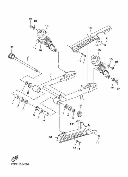 Yamaha 1TP-22210-00 Shock Absorber Assy, Rear — shown on the Rear Arm & Suspension parts diagram