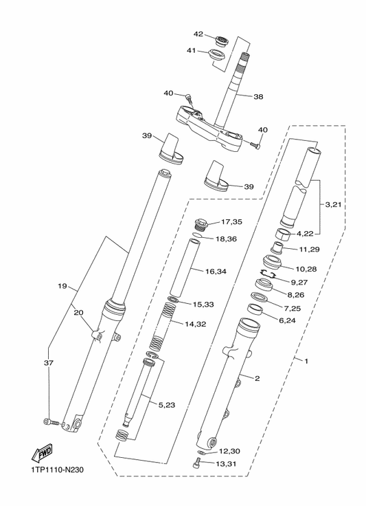 Yamaha 1TP-23102-01 Front Fork Assy (L.H) — shown on the Front Fork parts diagram