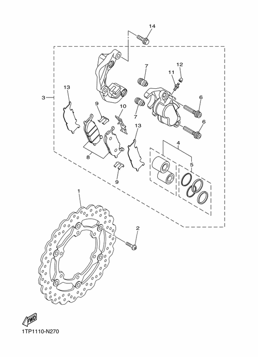 Yamaha 27D-2580T-00 Caliper Assy (Left) — shown on the Front Brake Caliper parts diagram