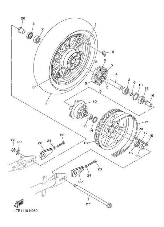 Yamaha 1TP-25338-00 Cast Wheel, Rear — shown on the Rear Wheel parts diagram