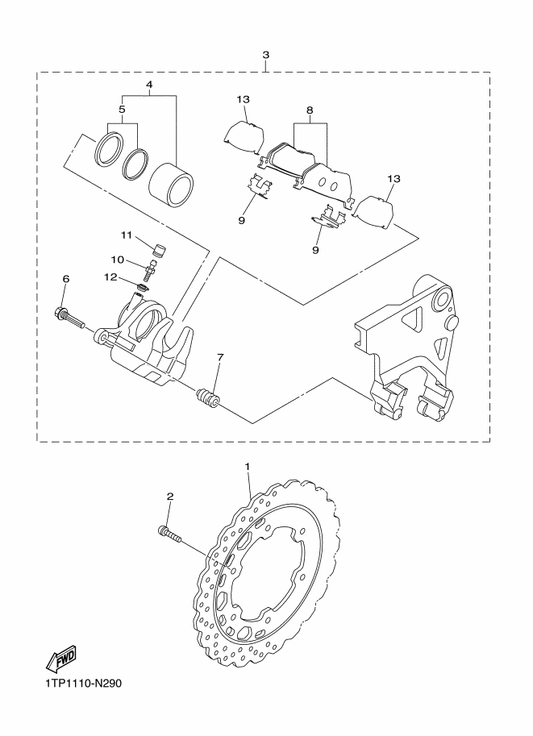 Yamaha 1TP-2580W-00 Caliper Assy, Rear 2 — shown on the Rear Brake Caliper parts diagram