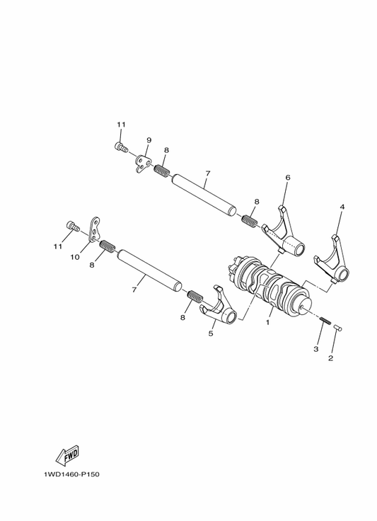 Yamaha 1WD-E8540-10 Shift Cam Assy — shown on the Shift Cam & Fork parts diagram