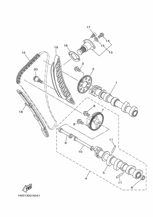 Yamaha 1WS-12251-00 Damper, Chain 1 — shown on the Camshaft & Chain parts diagram