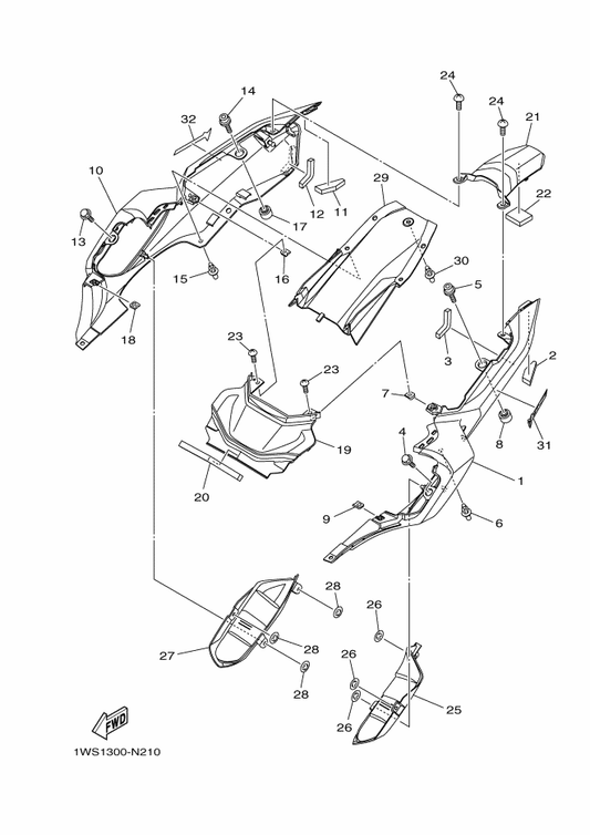 Yamaha 1WS-21781-10 Emblem 1 — shown on the Side Cover parts diagram