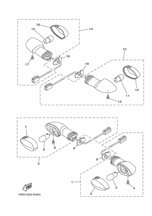 Yamaha 1WS-83310-00 Front Flasher Light Assy 1 — shown on the Flasher Light parts diagram