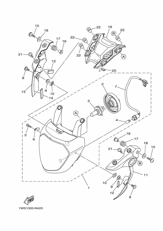 Yamaha 1WS-84300-00 Headlight Assy — shown on the Headlight parts diagram