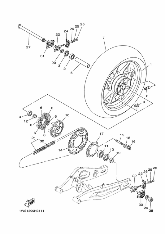 Yamaha 2DR-25338-00-3X Cast Wheel, Rear — shown on the Rear Wheel parts diagram