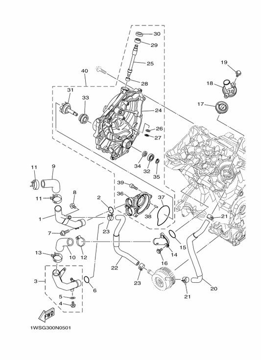 Yamaha 1WS-12588-00 Hose 5 — shown on the Water Pump parts diagram