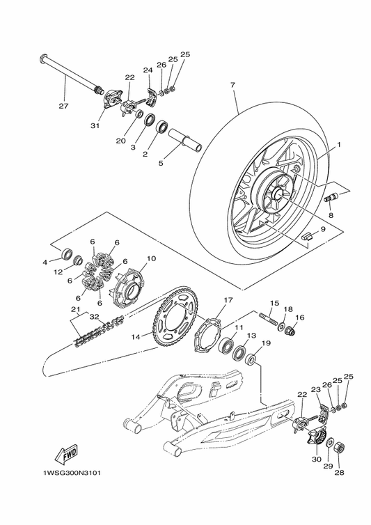 Yamaha 1RC-25338-00-P0 Cast Wheel, Rear — shown on the Rear Wheel parts diagram
