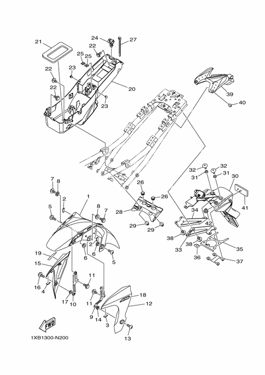 Yamaha 1WS-21513-00-P1 Stay, Fender 1 — shown on the Fender parts diagram