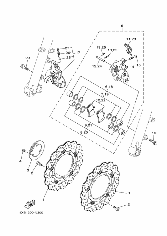 Yamaha 1XB-2580U-00 Caliper Assy (Right) — shown on the Front Brake Caliper parts diagram