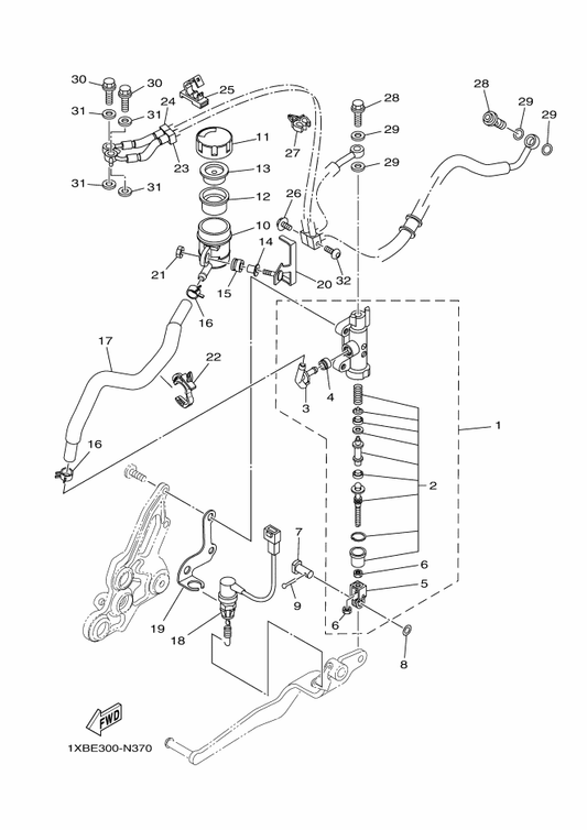Yamaha 1WS-2144G-00 Stay, Stop Switch — shown on the Rear Master Cylinder parts diagram