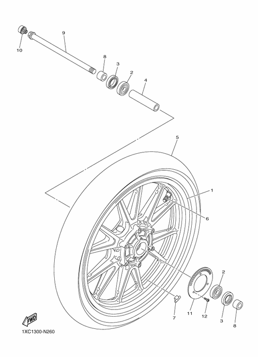 Yamaha 94110-19025 Tire(100/90-19 M/C 57H Exedra) — shown on the Front Wheel parts diagram