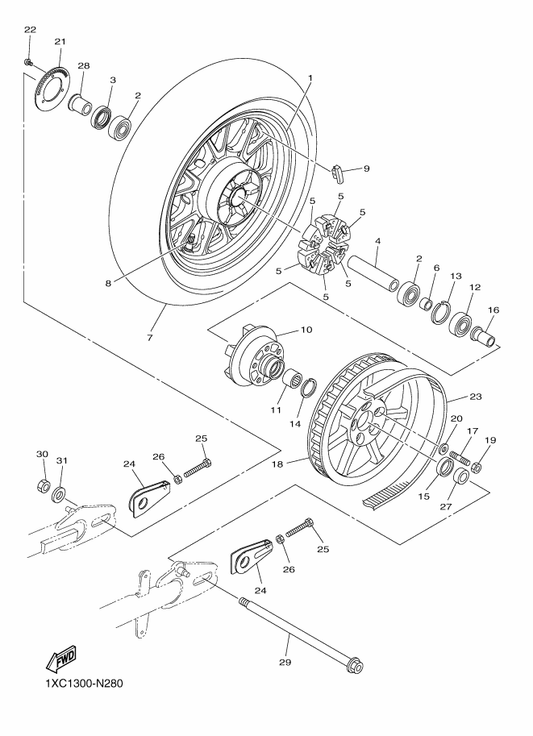 Yamaha 94115-16025 Tire (150/80B16 M/C 71H Exedr) — shown on the Rear Wheel parts diagram