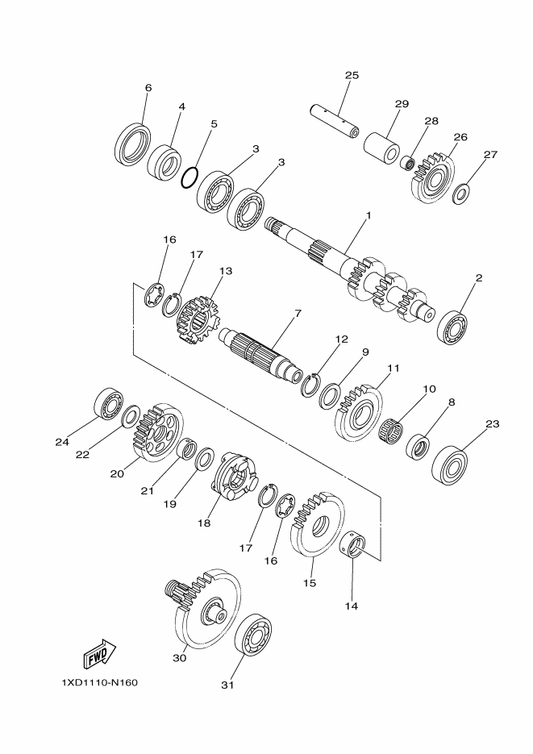 Yamaha 1XD-17681-00 Shaft, Secondary — shown on the Transmission parts diagram