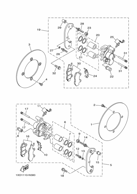 Yamaha 1XD-2580V-01 Caliper Assy, Rear 1 — shown on the Rear Brake Caliper parts diagram