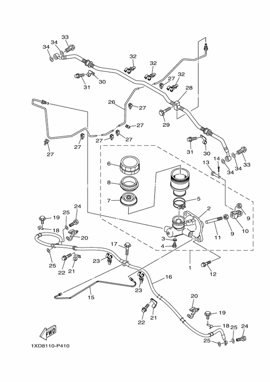Yamaha 1XD-F5871-01 Pipe, Brake — shown on the Master Cylinder parts diagram