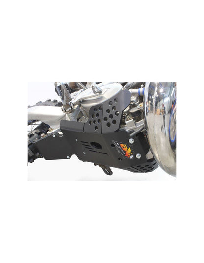 Right side view of the black HDPE plastic skid plate with linkage guard for TM Racing 250 - 300EN