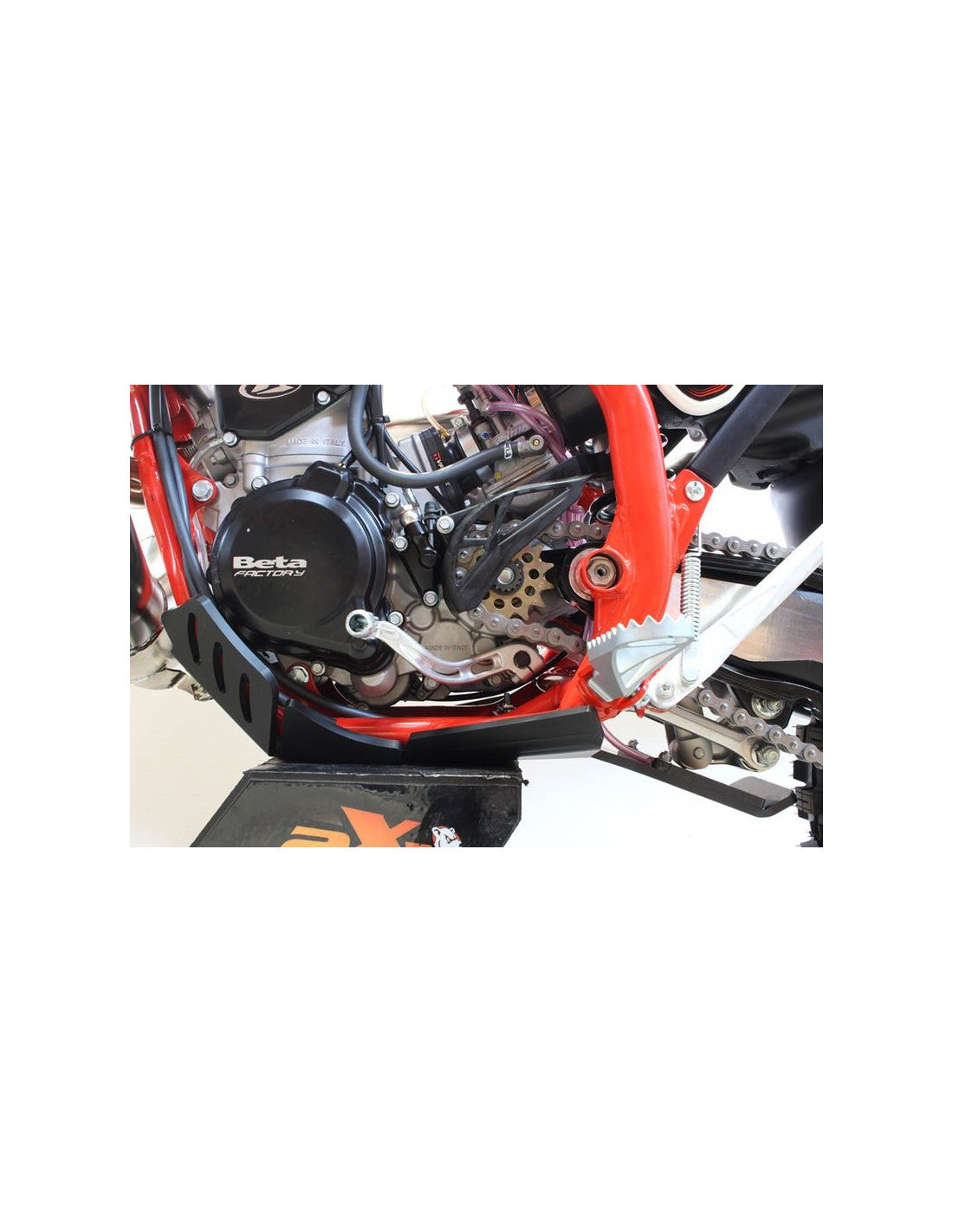 Left side of the black HDPE plastic skid plate with linkage guard for Beta 250 - 300RR