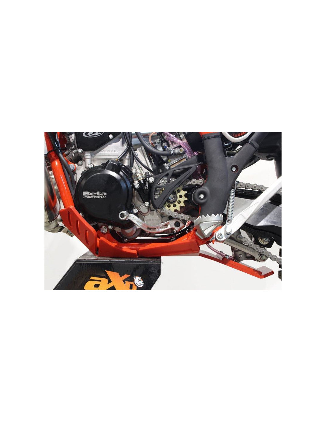 Left side of the red HDPE plastic skid plate with linkage guard for Beta 250RR - 300RR