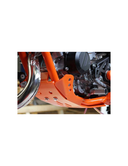 Left side of the orange HDPE plastic skid plate for KTM 85SX